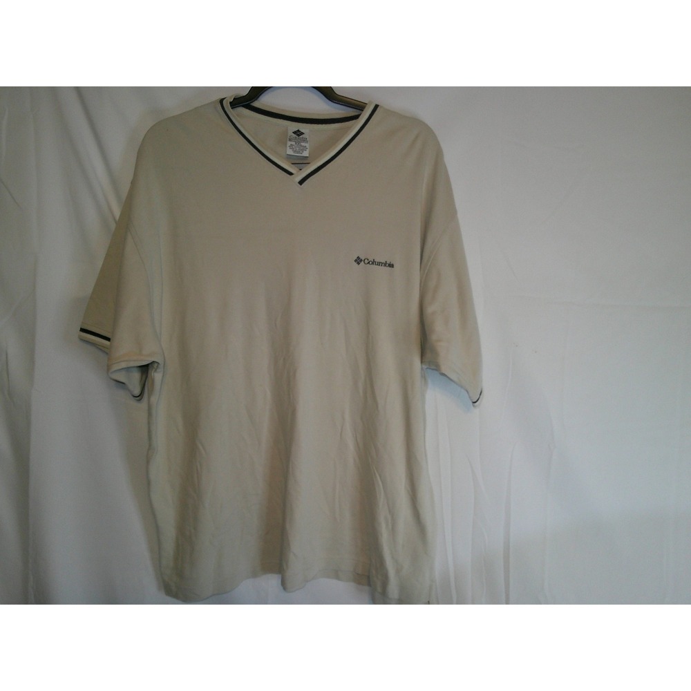 Vintage Columbia Men's V Neck T Shirt Beige Short Sleeve Casual Athletic Top XXL